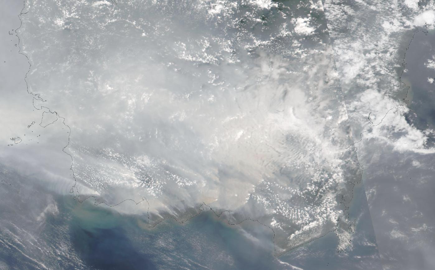 Satellite photo of thick grey smoke covering southern Borneo on 13 October 2026